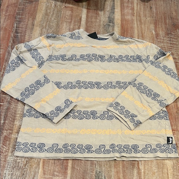 Stussy Tops - Stussy Vintage Swirl Stripe Long-Sleeve Crewneck Tee: Tan with Orange/Navy Print